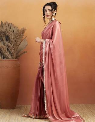 Pink plain satin designer saree with blouse piece 1