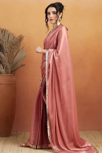 Pink plain satin designer saree with blouse piece