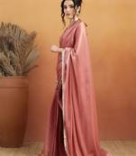 Pink plain satin designer saree with blouse piece