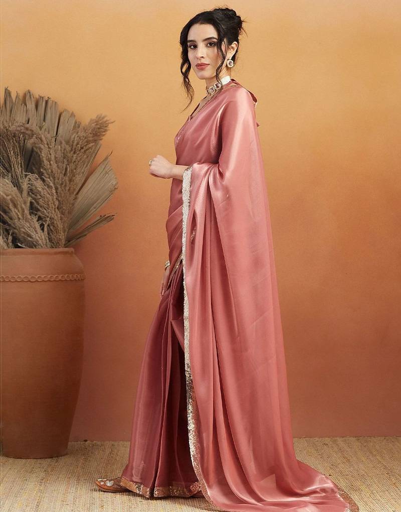 Pink plain satin designer saree with blouse piece