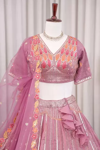 Wedding & Sangeet Wear Purple Crush Silk Lehenga with Embroidered Blouse