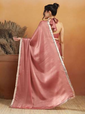 Pink plain satin designer saree with blouse piece 2