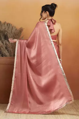 Pink plain satin designer saree with blouse piece