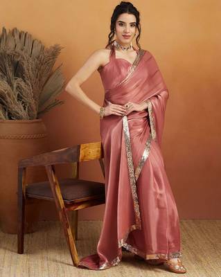 Pink plain satin designer saree with blouse piece 3