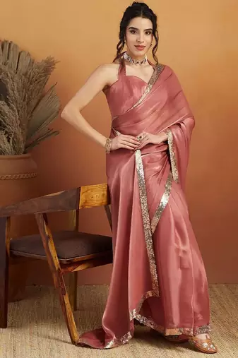 Pink plain satin designer saree with blouse piece