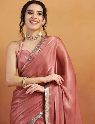 Pink plain satin designer saree with blouse piece 4