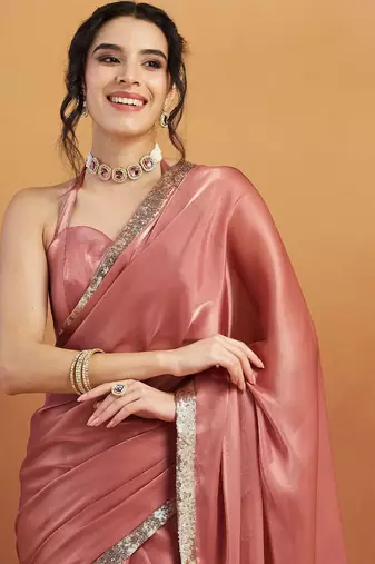 Pink plain satin designer saree with blouse piece