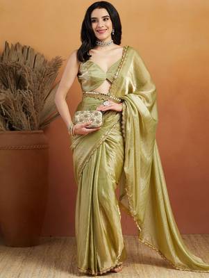 Green plain tissue festive wear saree with blouse piece 3