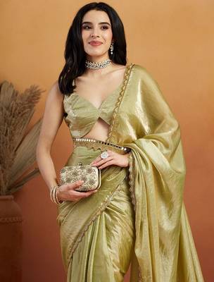 Green plain tissue festive wear saree with blouse piece 4