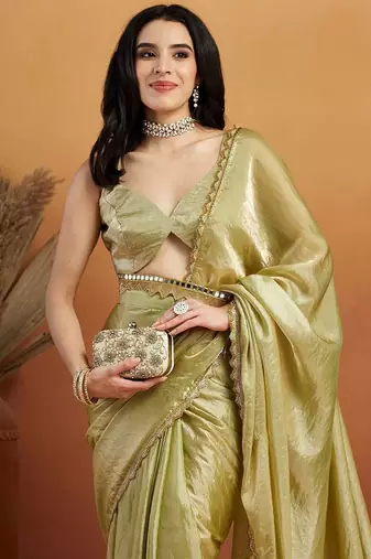 Green plain tissue festive wear saree with blouse piece