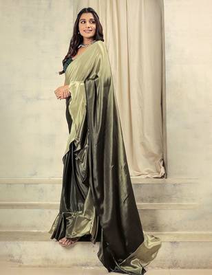 Green plain silk blend party wear saree with blouse piece 1