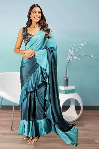 Blue plain silk blend party wear saree with blouse piece