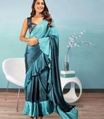 Blue plain silk blend party wear saree with blouse piece