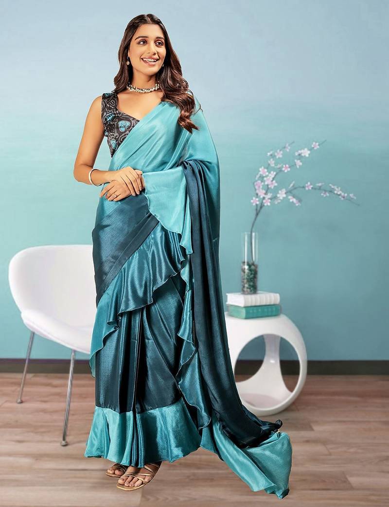 Blue plain silk blend party wear saree with blouse piece