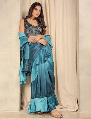Blue plain silk blend party wear saree with blouse piece 2