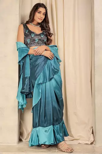 Blue plain silk blend party wear saree with blouse piece