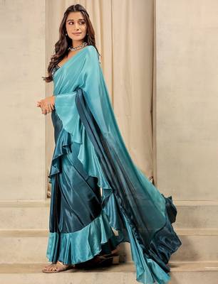 Blue plain silk blend party wear saree with blouse piece 3