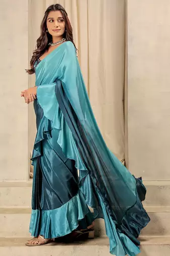 Blue plain silk blend party wear saree with blouse piece