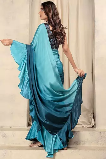 Blue plain silk blend party wear saree with blouse piece
