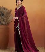 Burgundy plain chiffon designer saree with blouse piece
