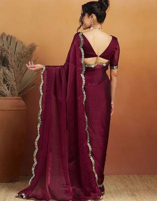 Burgundy plain chiffon designer saree with blouse piece 2