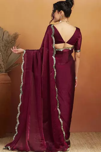 Burgundy plain chiffon designer saree with blouse piece