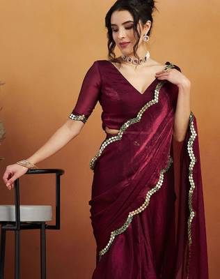 Burgundy plain chiffon designer saree with blouse piece 3
