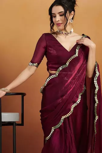 Burgundy plain chiffon designer saree with blouse piece