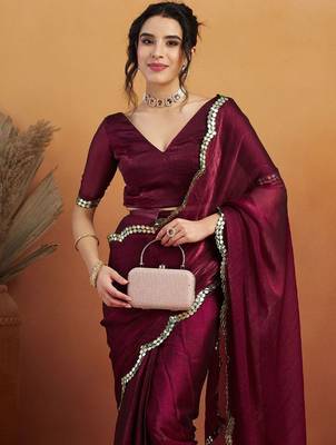 Burgundy plain chiffon designer saree with blouse piece 4