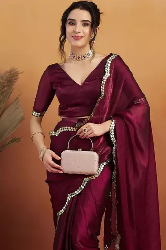 Burgundy plain chiffon designer saree with blouse piece