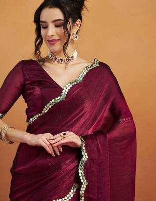 Burgundy plain chiffon designer saree with blouse piece 5