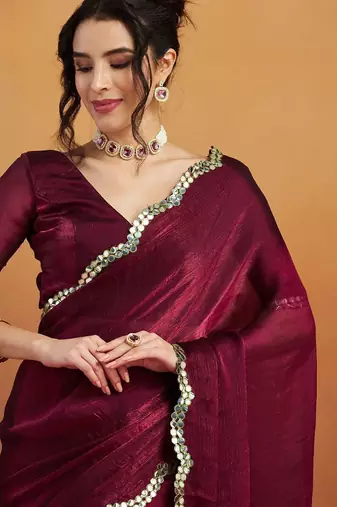 Burgundy plain chiffon designer saree with blouse piece