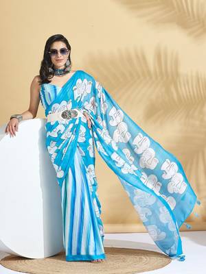Blue printed blended cotton designer saree with blouse piece 1
