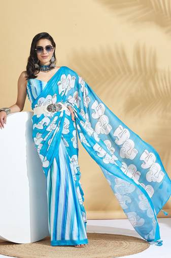 Blue printed blended cotton designer saree with blouse piece