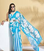 Blue printed blended cotton designer saree with blouse piece