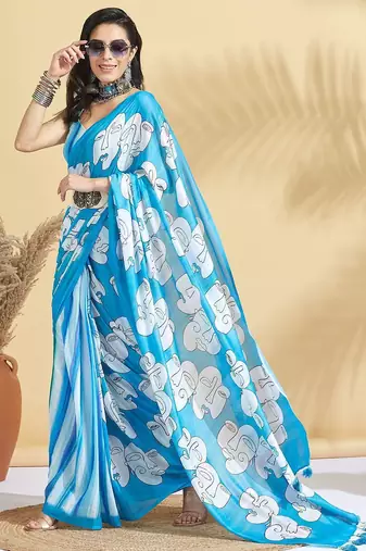 Blue printed blended cotton designer saree with blouse piece