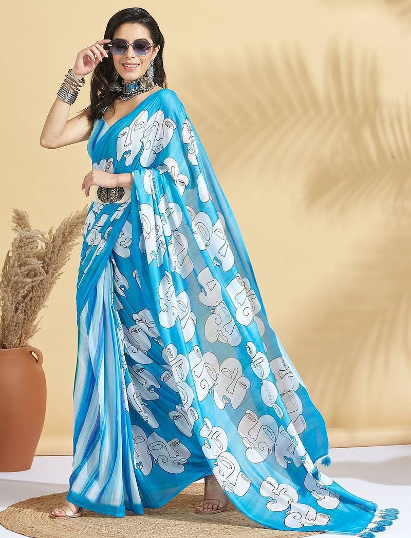 Blue printed blended cotton designer saree with blouse piece