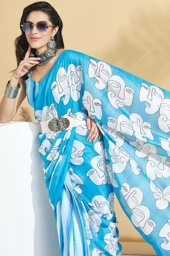 Blue printed blended cotton designer saree with blouse piece