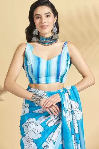 Blue printed blended cotton designer saree with blouse piece