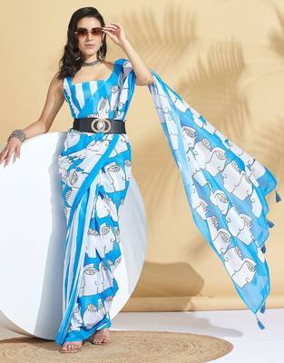Blue printed blended cotton designer saree with blouse piece 1