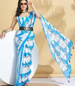 Blue printed blended cotton designer saree with blouse piece
