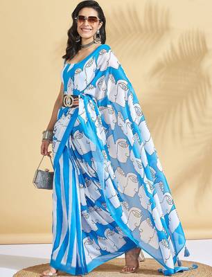 Blue printed blended cotton designer saree with blouse piece 2