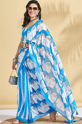 Blue printed blended cotton designer saree with blouse piece