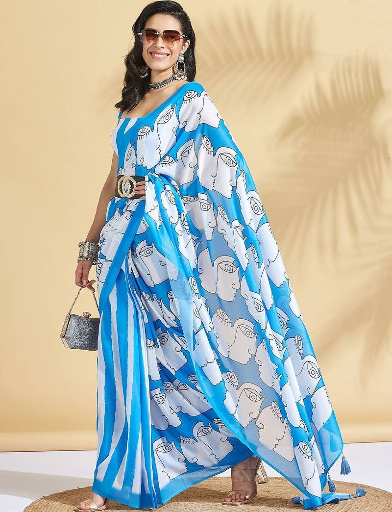 Blue printed blended cotton designer saree with blouse piece