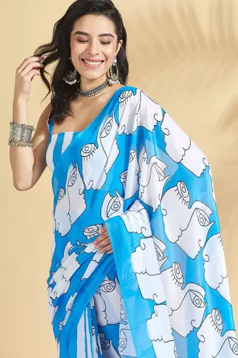 Blue printed blended cotton designer saree with blouse piece