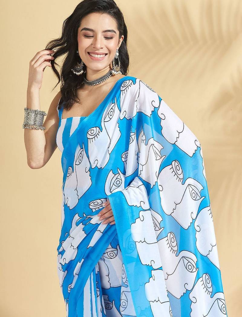 Blue printed blended cotton designer saree with blouse piece