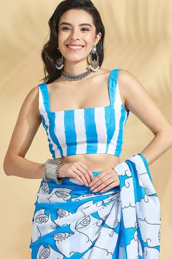 Blue printed blended cotton designer saree with blouse piece