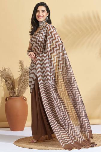 Brown printed blended cotton designer saree with blouse piece
