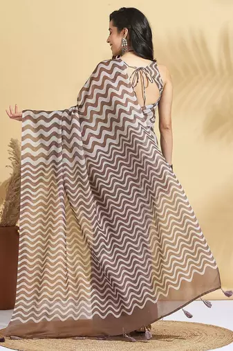 Brown printed blended cotton designer saree with blouse piece