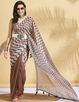 Brown printed blended cotton designer saree with blouse piece 3